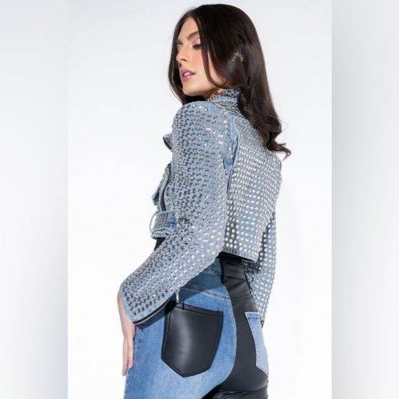 - AZALEA WANG GAZETTE 3000 STUDS MOTO JACKET IN DENIM NWT MULTIPLE - Picture 10 of 11